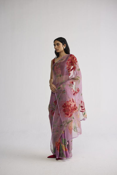 Berry embroidered silk and organza sari