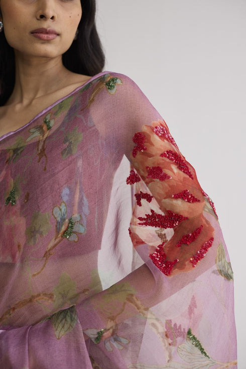 Berry embroidered silk and organza sari