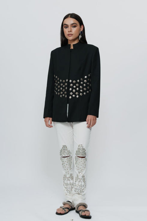 Black bandhgala jacket with 3D Silver embroidery & mirrorwork churidaar