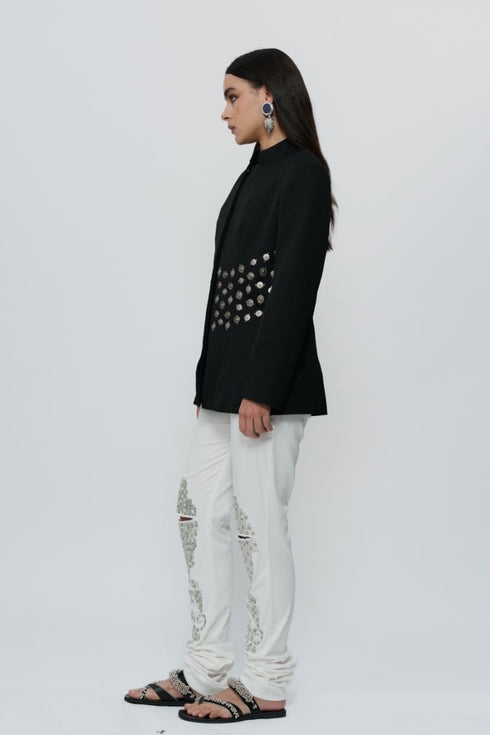 Black bandhgala jacket with 3D Silver embroidery & mirrorwork churidaar