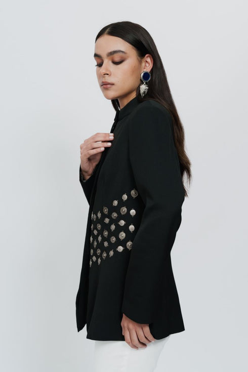 Black bandhgala jacket with 3D Silver embroidery & mirrorwork churidaar