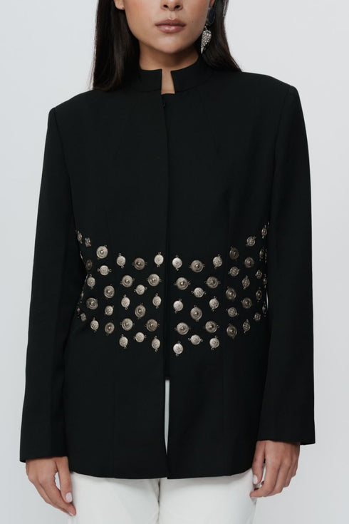 Black bandhgala jacket with 3D Silver embroidery & mirrorwork churidaar