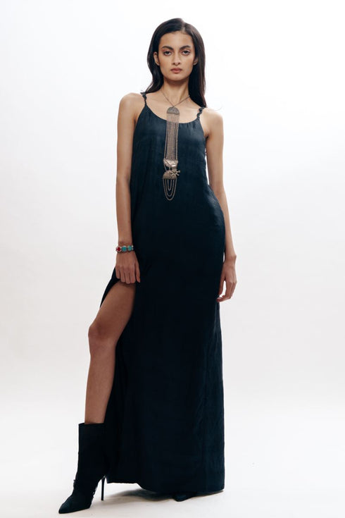Black cord strap slip dress