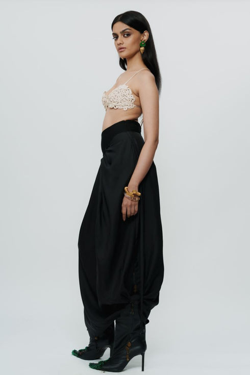 Black draped knotted skirt with cord waist