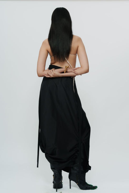 Black draped knotted skirt with cord waist