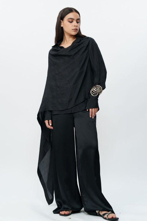 Black draped shirt with flared trouser pants