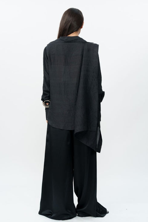 Black draped shirt with flared trouser pants