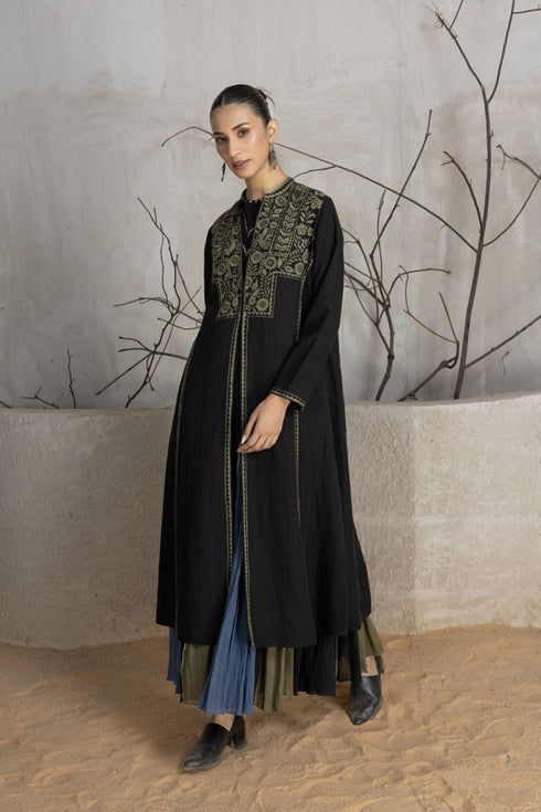 Black linen embroidered jacket