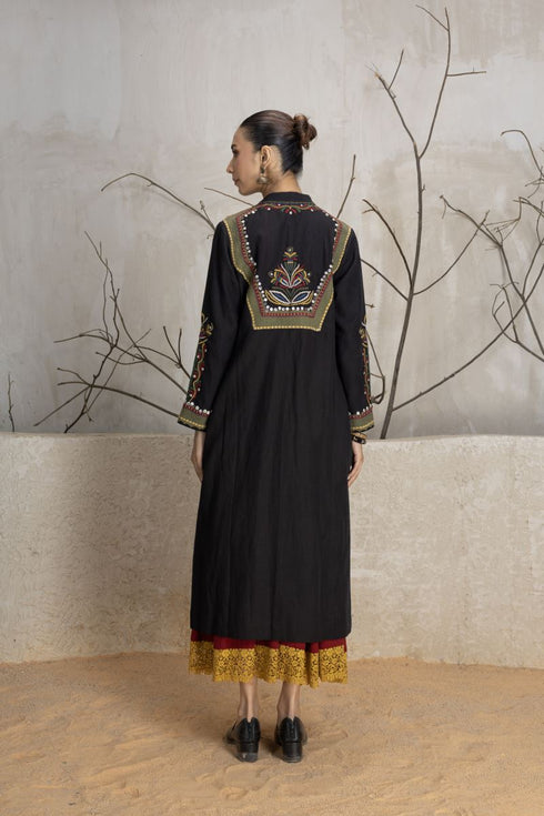 Black linen patch embroidered jacket