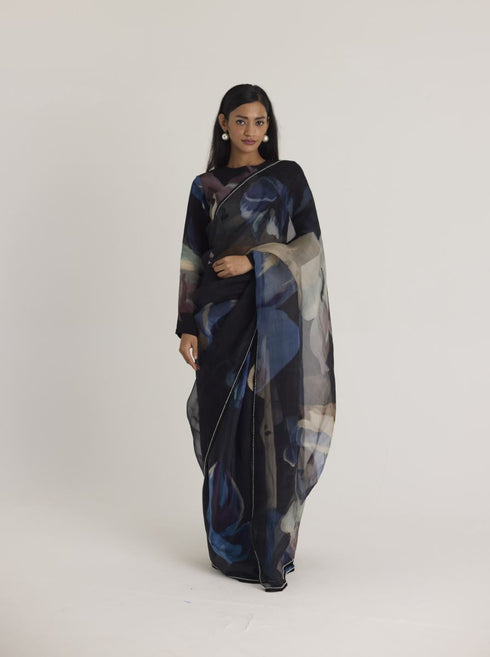 Black rocco half silk and half organza sari