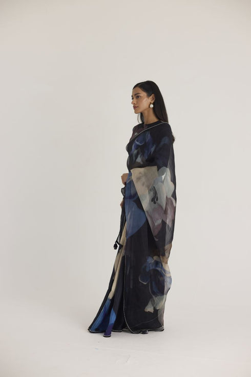 Black rocco half silk and half organza sari