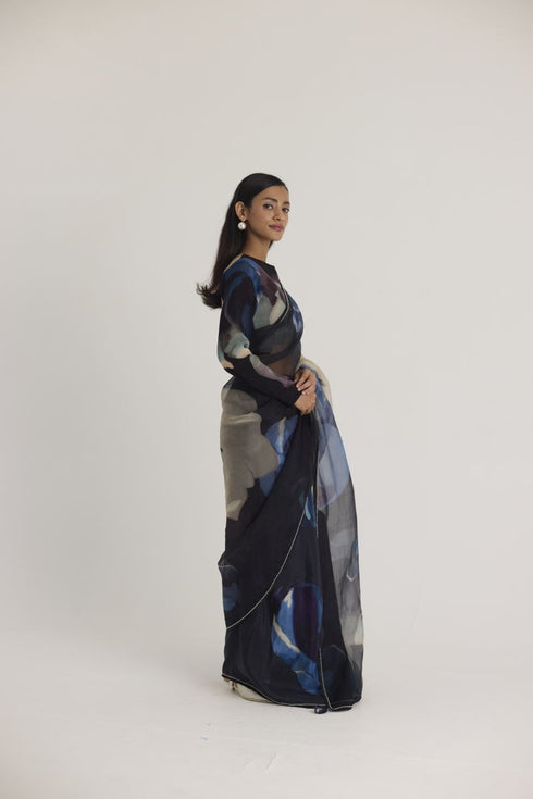 Black rocco half silk and half organza sari