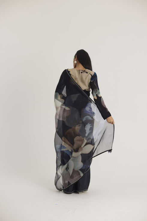 Black rocco half silk and half organza sari