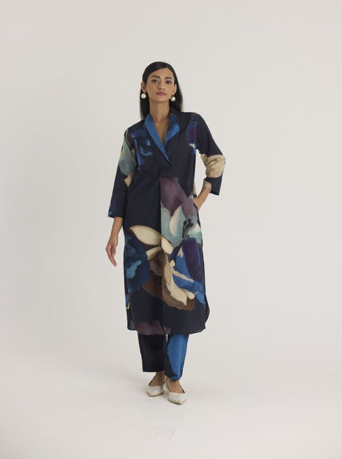 Black rocco shawl collar kurta set