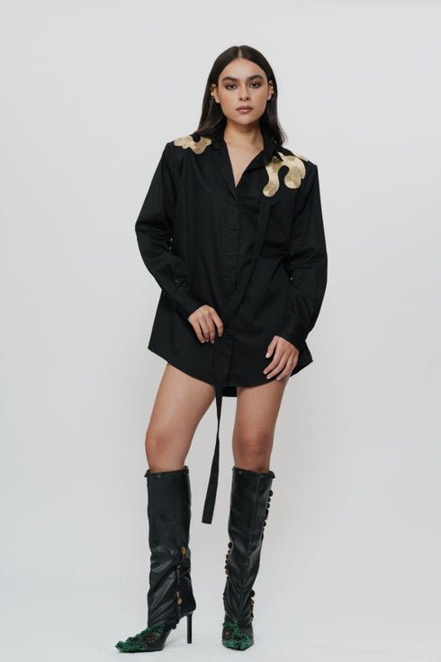 Black shirt dress with highlighted shoulder