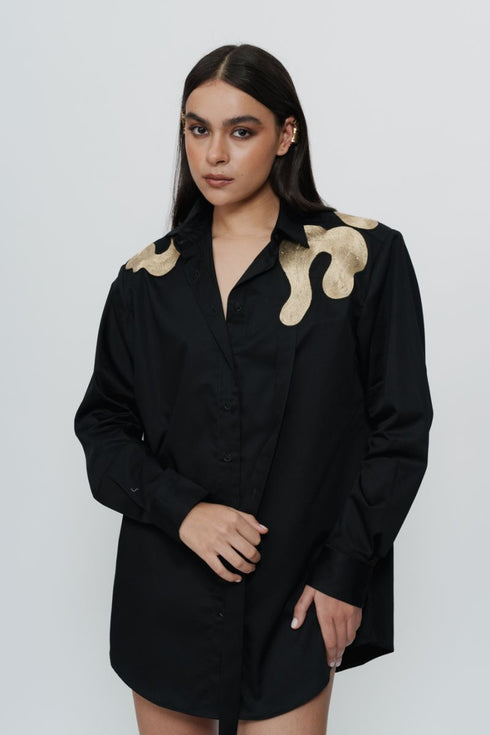 Black shirt dress with highlighted shoulder