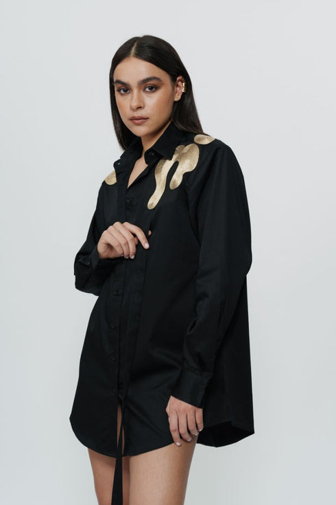 Black shirt dress with highlighted shoulder