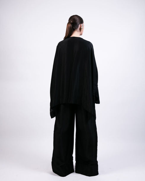Black short boxy kurta with black flared pants
