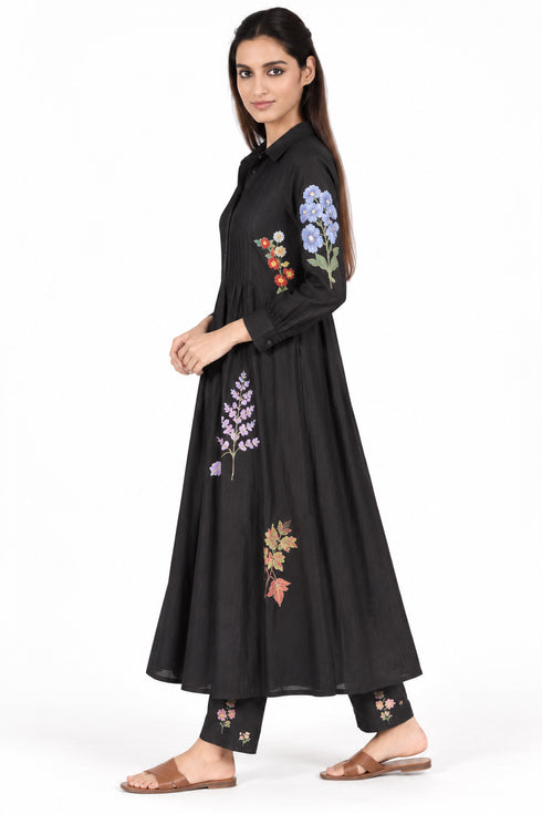 Black silk floral embroidered dress