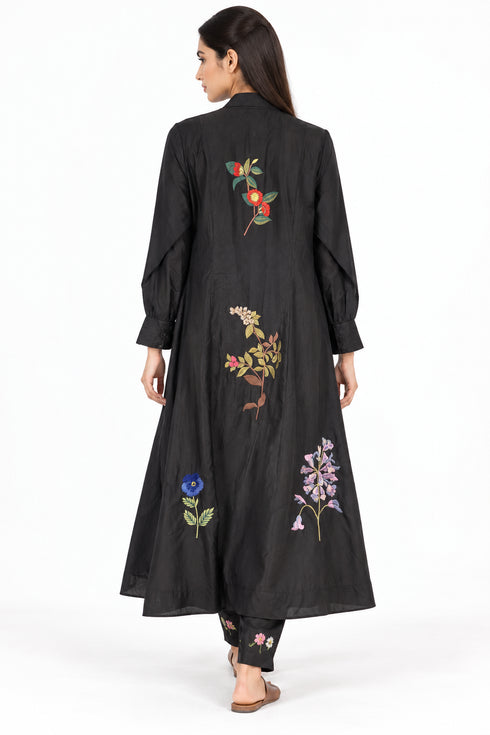 Black silk floral embroidered dress