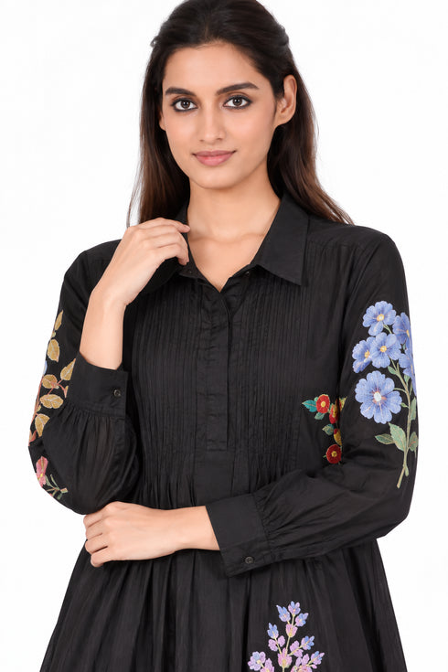 Black silk floral embroidered dress