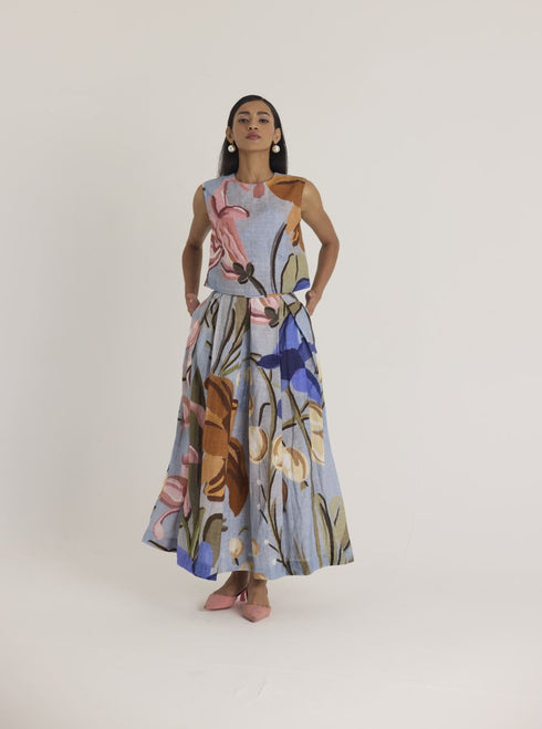 Blue nico linen top and skirt set