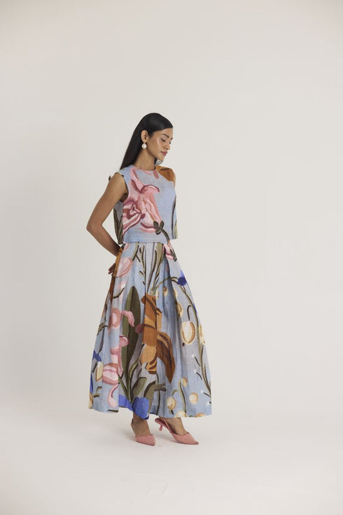 Blue nico linen top and skirt set