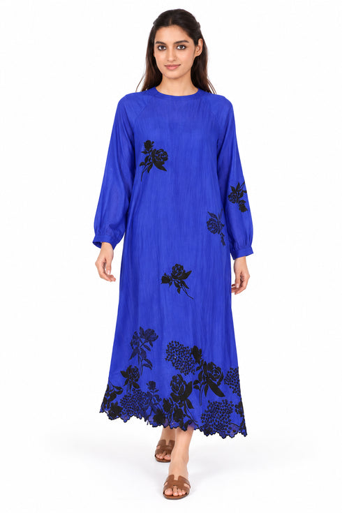 Blue silk embroidered dress