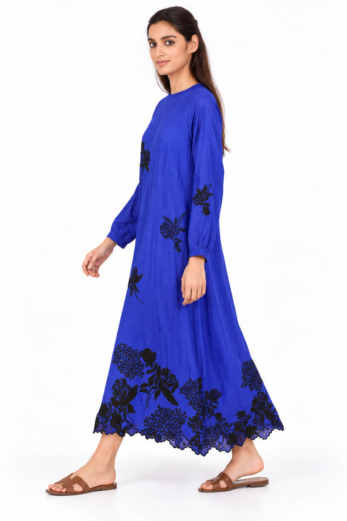 Blue silk embroidered dress