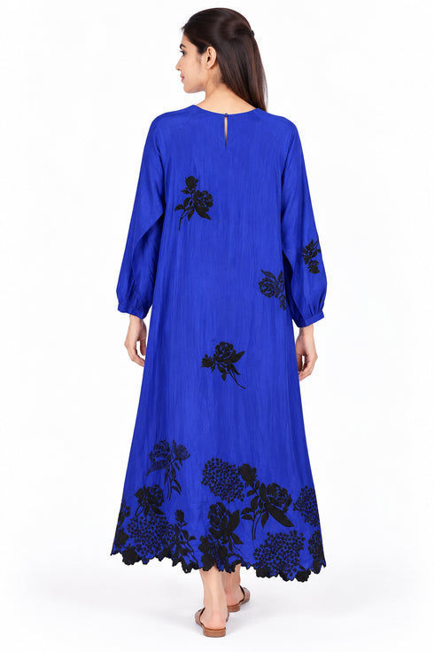 Blue silk embroidered dress
