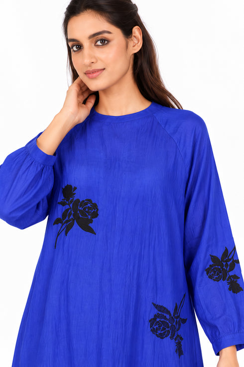 Blue silk embroidered dress