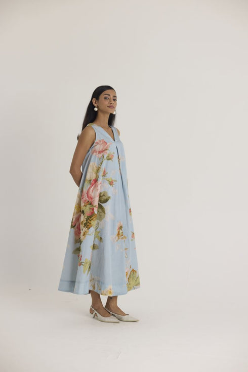 Blue taffy V neck dress