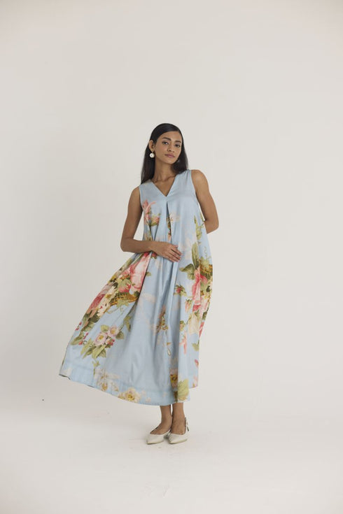 Blue taffy V neck dress