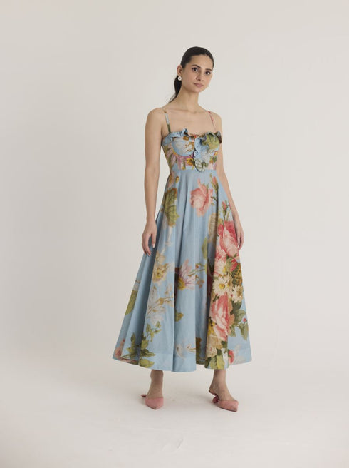 Blue taffy cotton frill dress