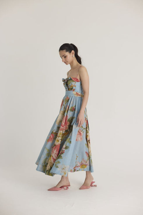 Blue taffy cotton frill dress