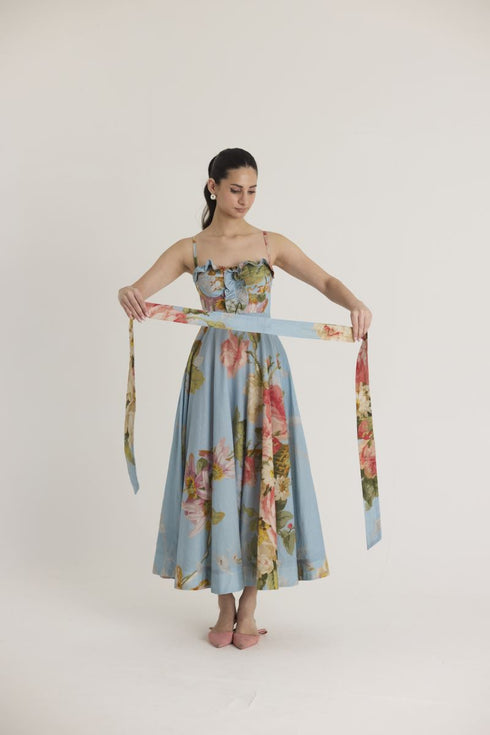 Blue taffy cotton frill dress