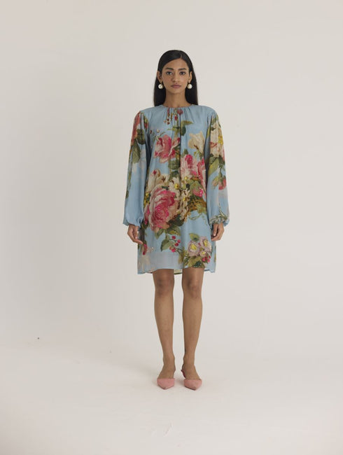 Blue taffy embroidered shirt dress