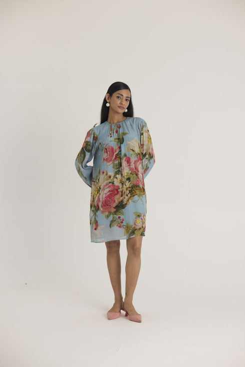 Blue taffy embroidered shirt dress