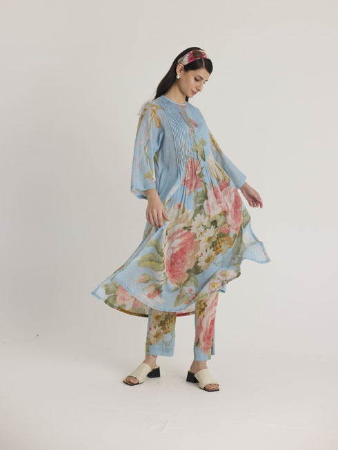 Blue taffy pintucks kurta set