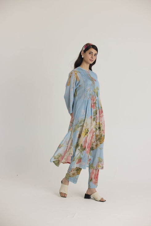 Blue taffy pintucks kurta set