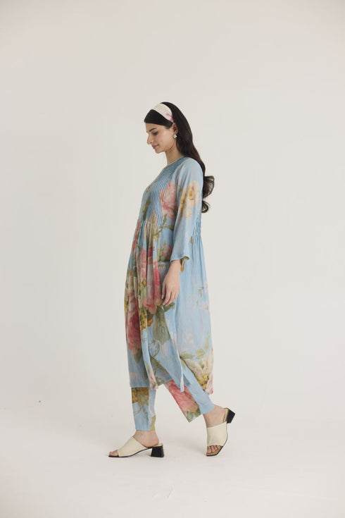 Blue taffy pintucks kurta set