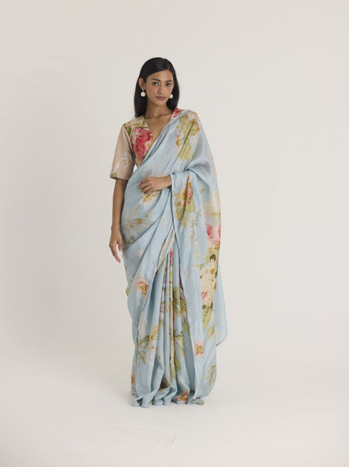 Blue taffy silk sari