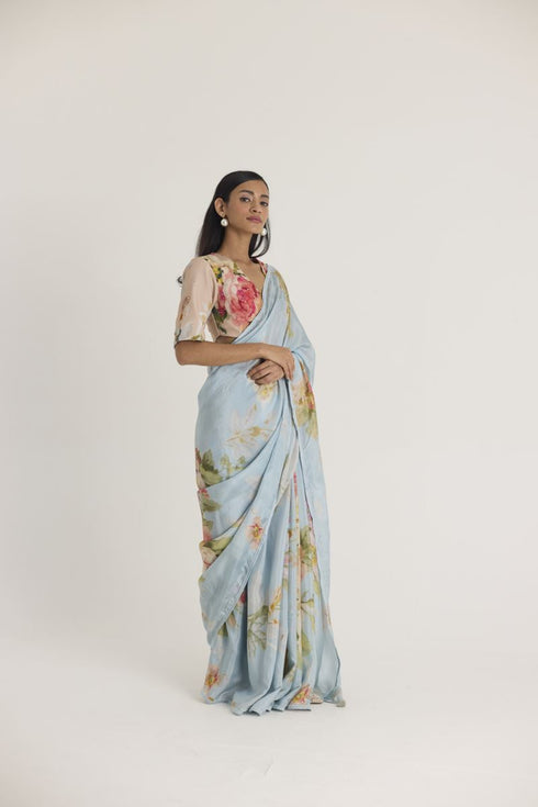Blue taffy silk sari
