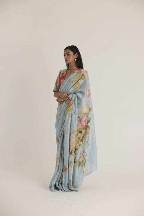 Blue taffy silk sari