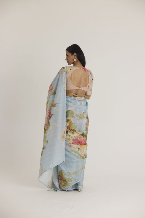 Blue taffy silk sari