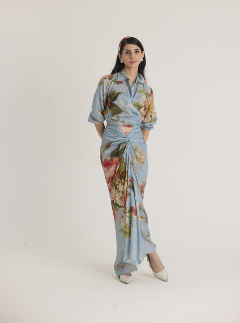 Blue taffy tie-up top and skirt set