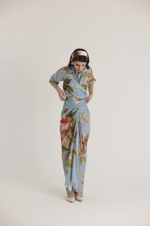 Blue taffy tie-up top and skirt set