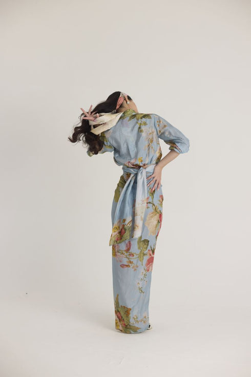 Blue taffy tie-up top and skirt set