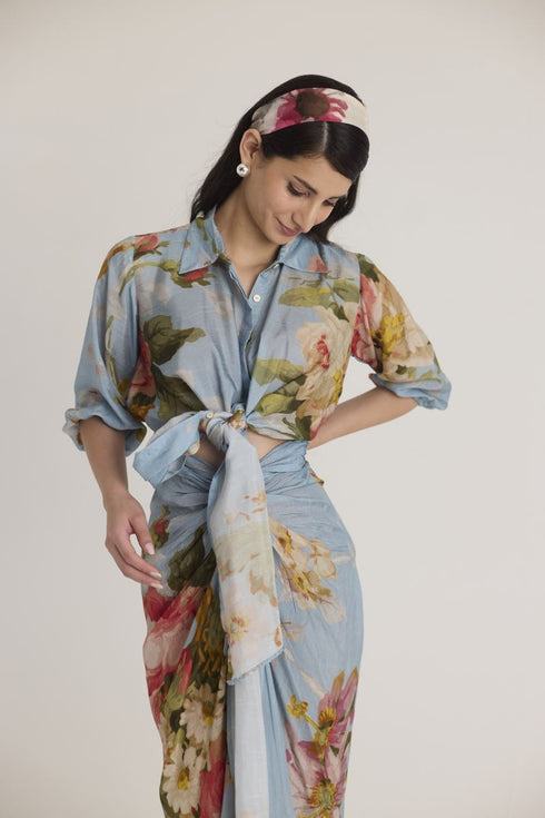 Blue taffy tie-up top and skirt set