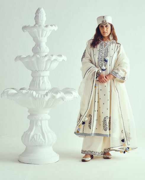 Boteh ivory phiran anarkali with flare pants and dupatta